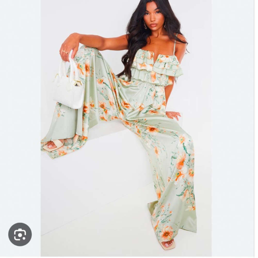PrettyLittleThing Floral Jumpsuit in Sage Green and Orange